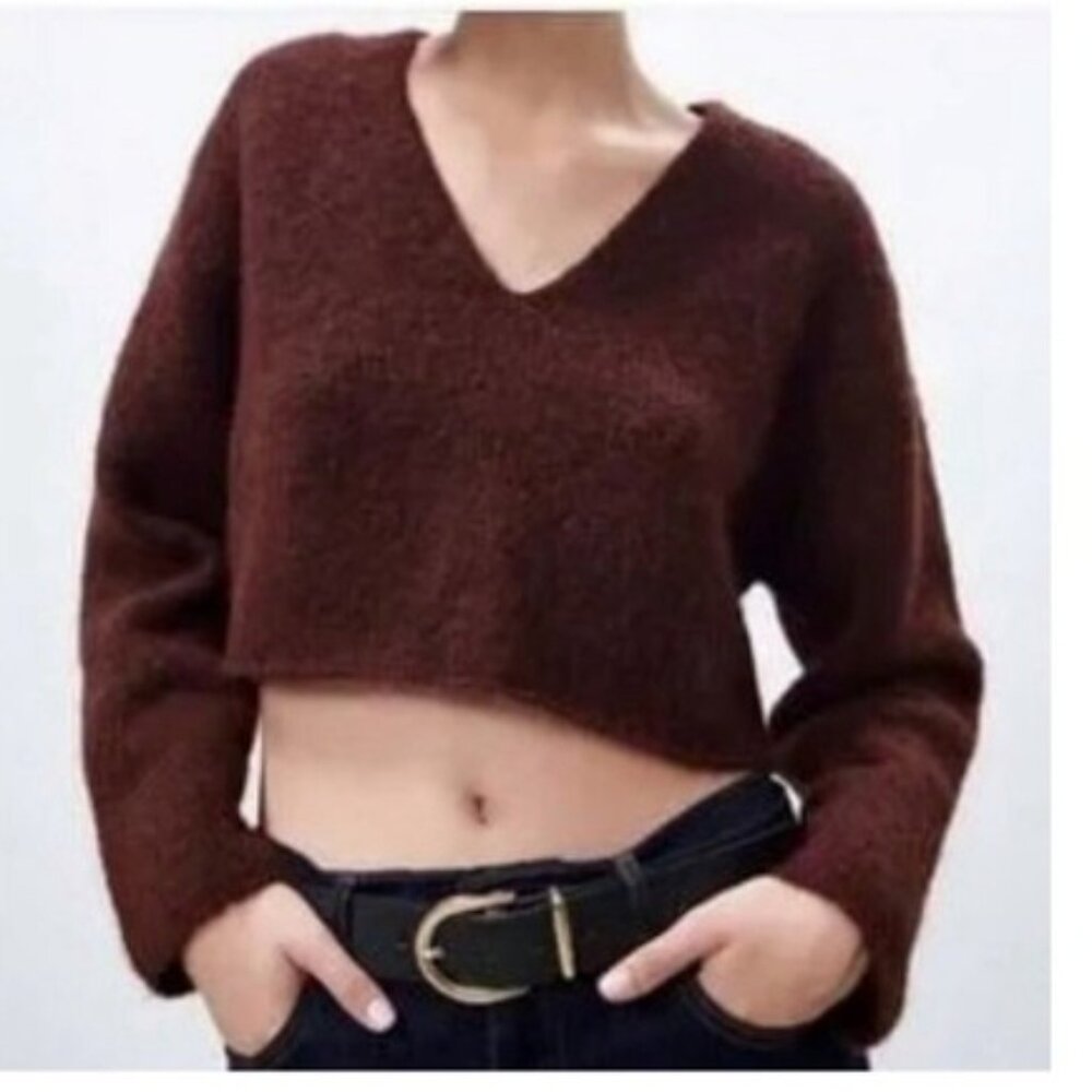 Zara Alpaca Wool Blend Sweater Crop Knit V Neck Red Burgundy Maroon Cozy Size M